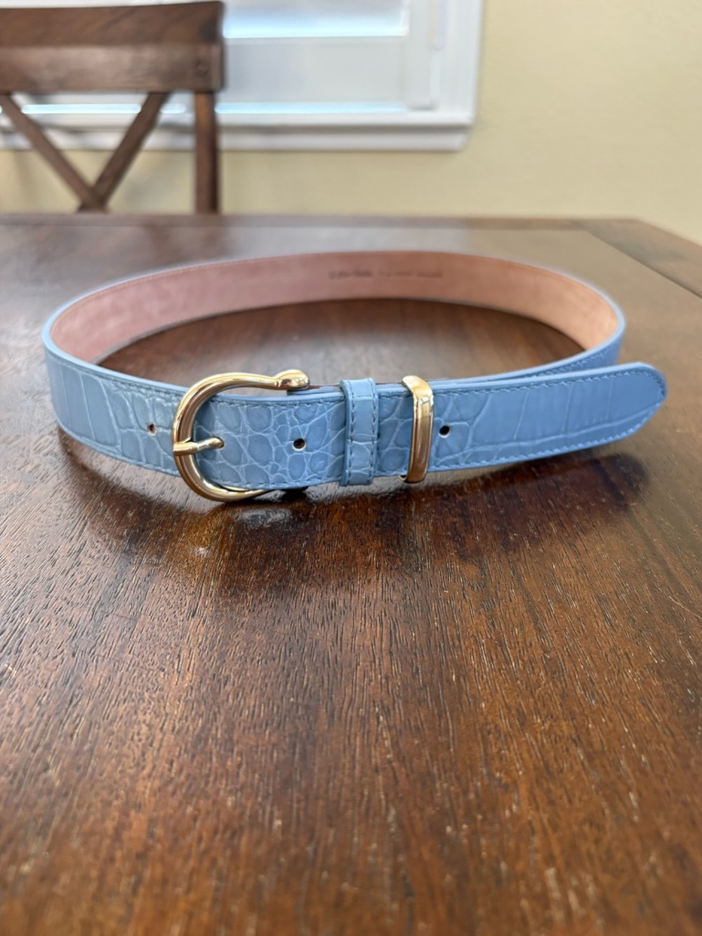 & Other Stories Light Blue Croc-Embossed Leather Belt with Gold Buckle